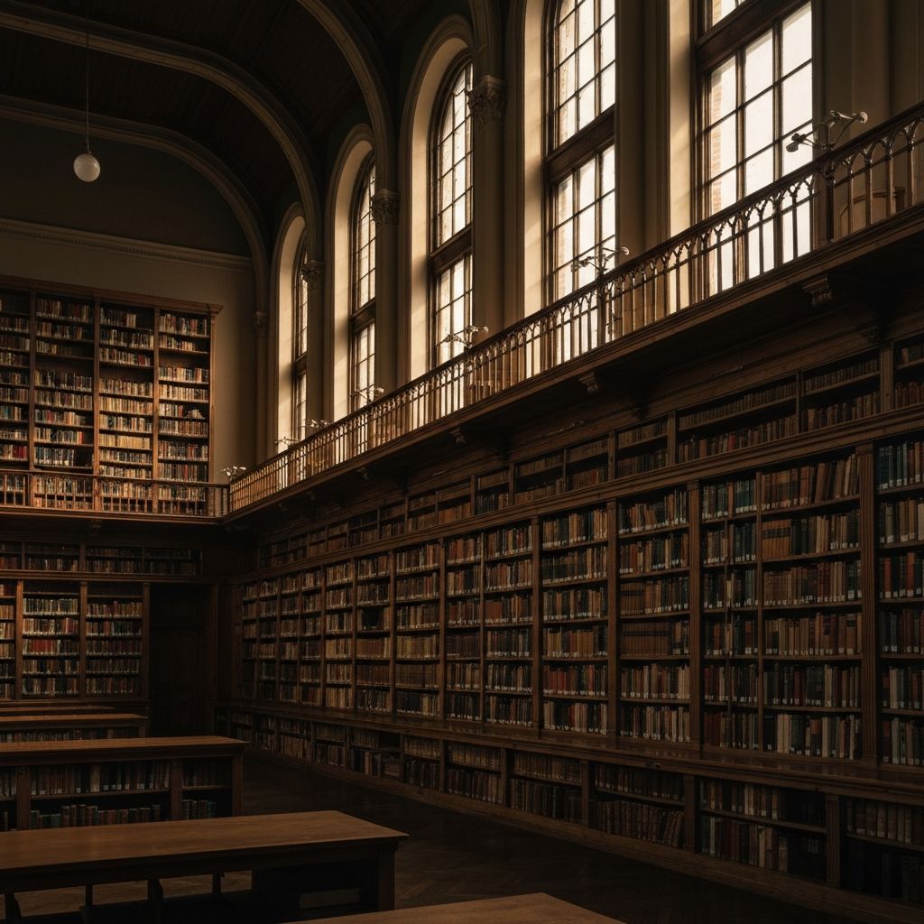 Interior de una sala de lectura con estanterías de libros y luz dramática desde ventanas altas