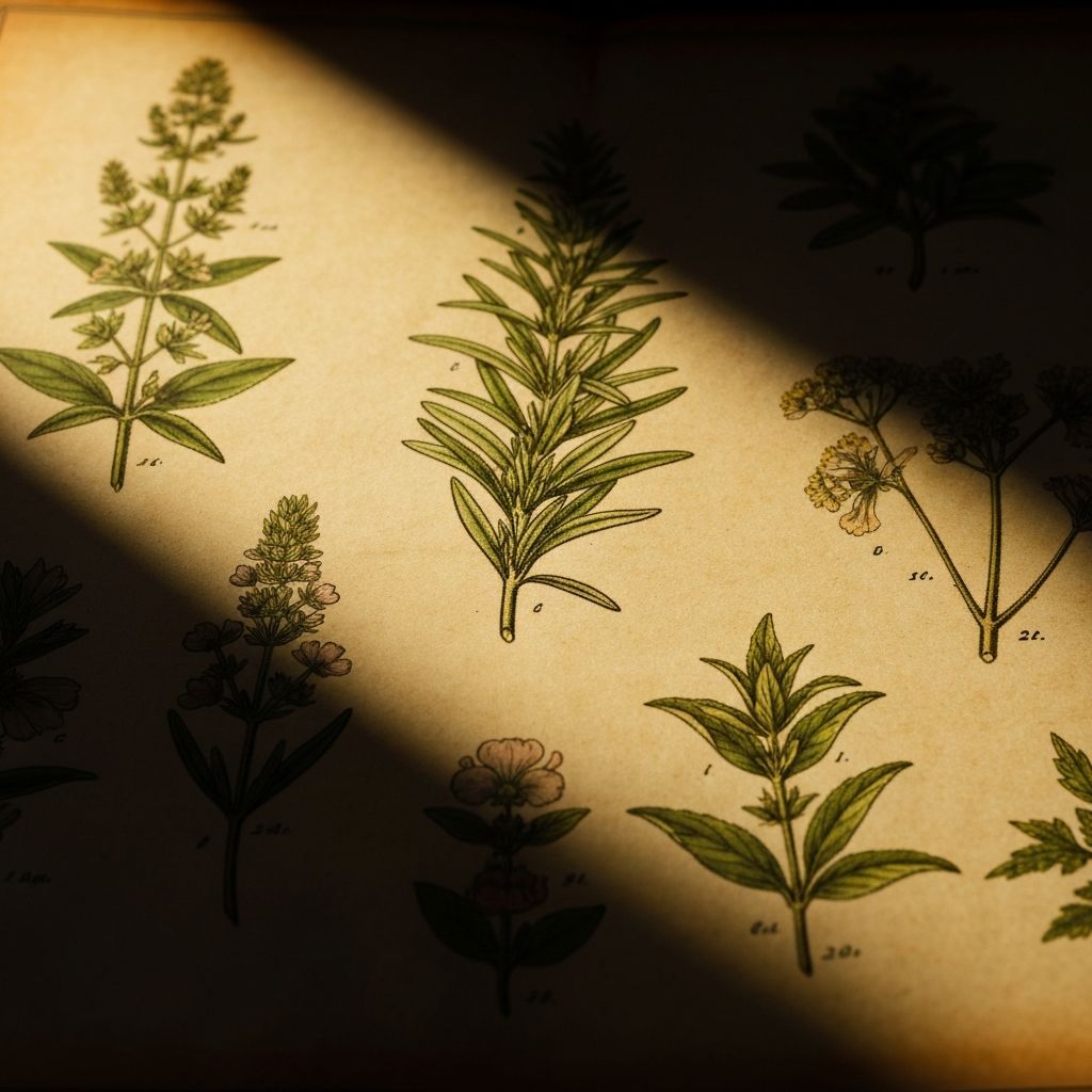 Ilustración botánica de hierbas y plantas aromáticas dispuestas artísticamente sobre papel envejecido con iluminación dramática cenital