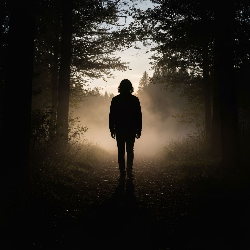 Persona caminando en sendero forestal al amanecer, vista desde atrás, ambiente contemplativo