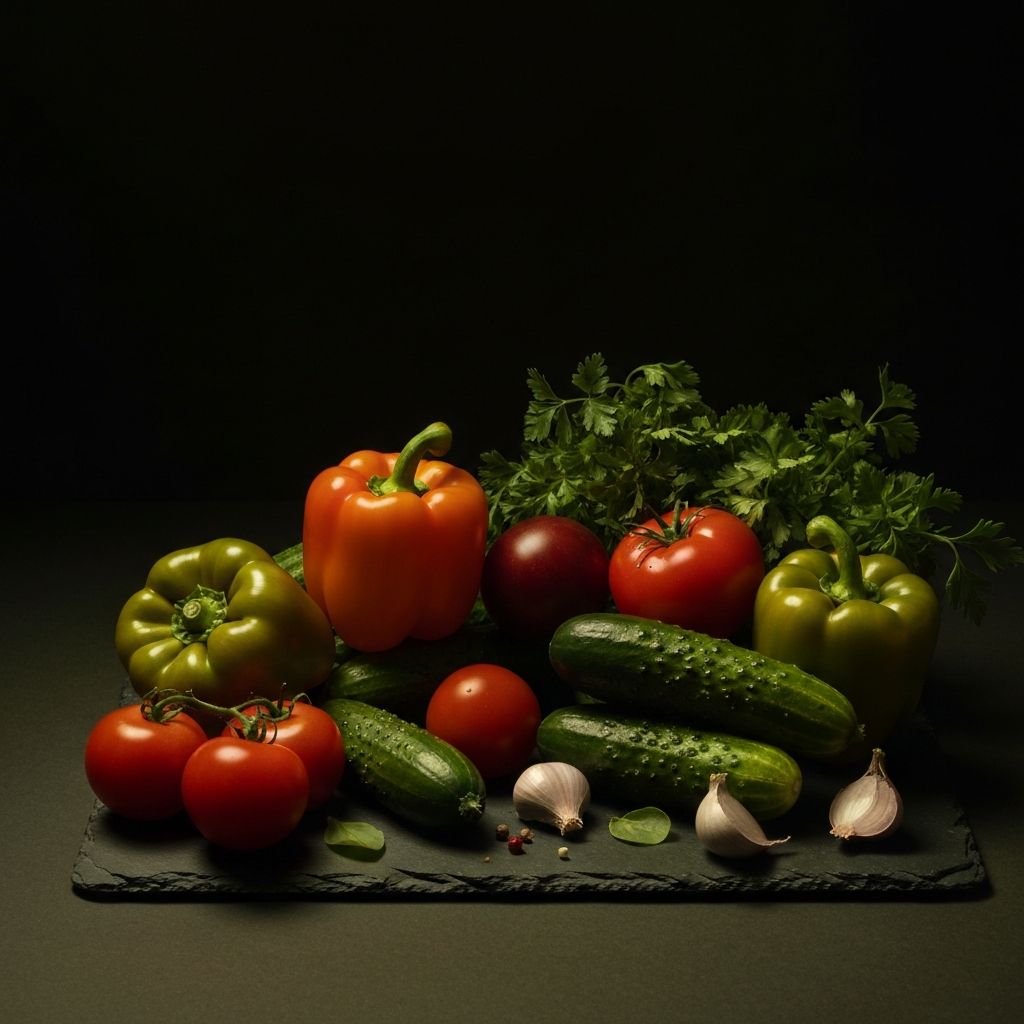 Alimentos frescos y vegetales naturales sobre superficie oscura con iluminación dramática